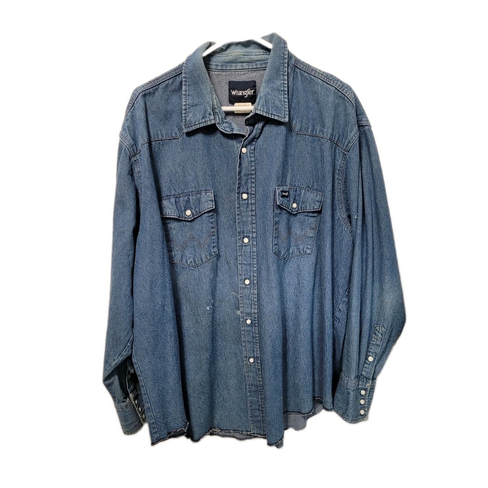 VTG Wrangler Mens 3X Blue Denim Western Shirt Distressed Pearl Snap Cowboy